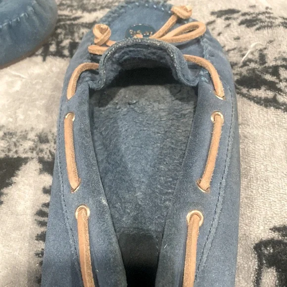 Coach Blue Suede Moccasin Slippers with Tan Laces - Picture 8 of 8